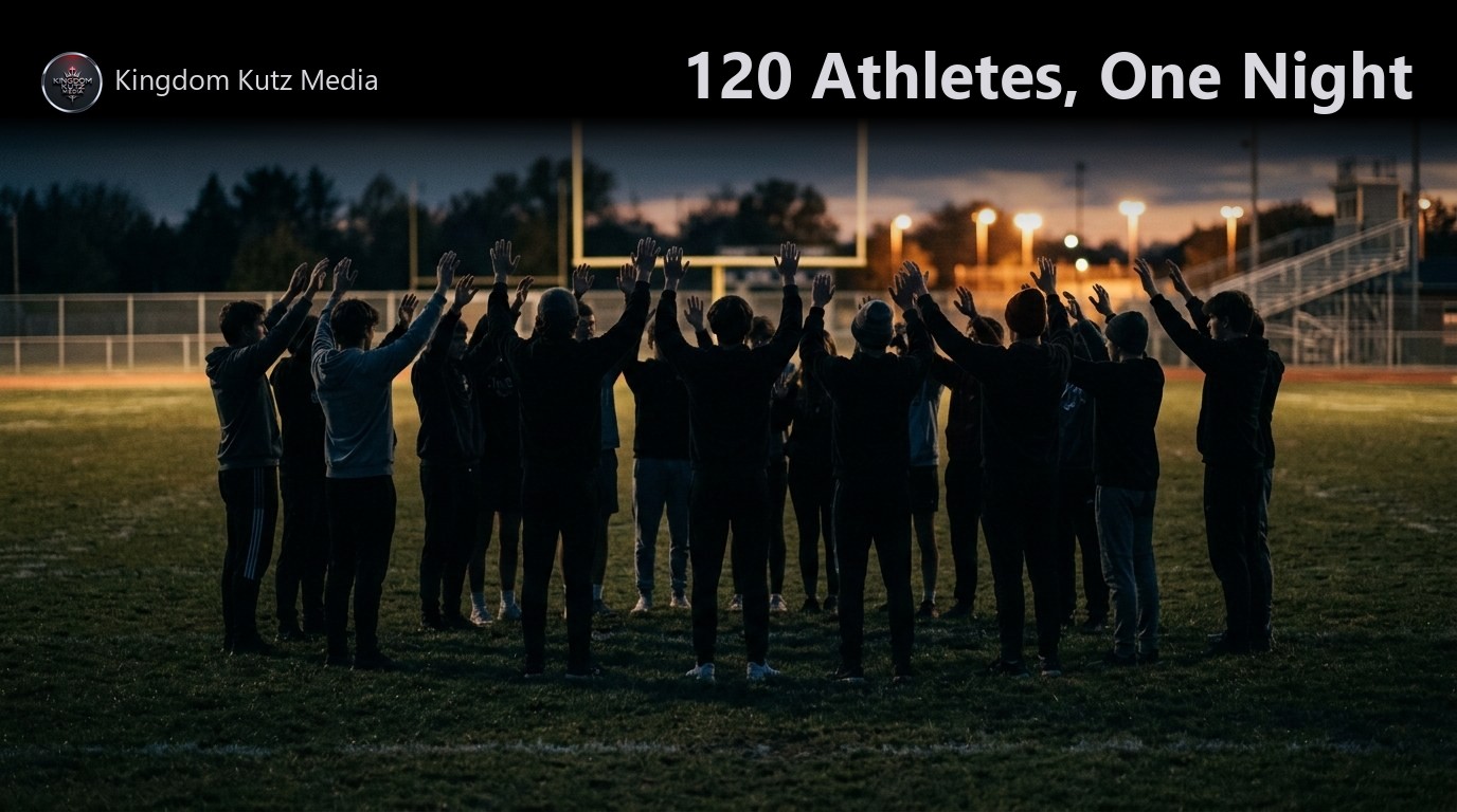 Silhouettes of young people with raised hands worshiping outdoors at sunset, football field lights glowing in the background