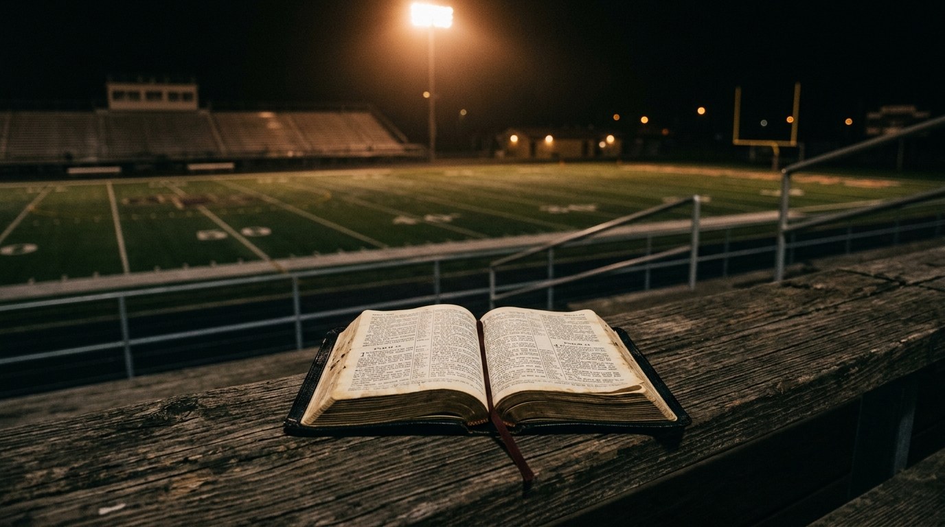 An open Bible resting on a wooden bleacher under stadium lights at night
