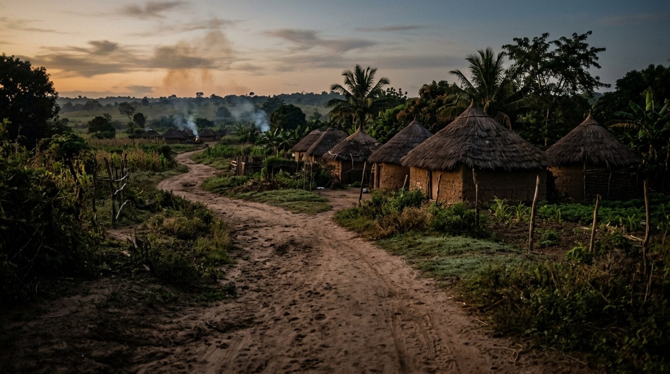 A quiet dirt path through a burned West African farming village at dawn, smoke still rising in the distance