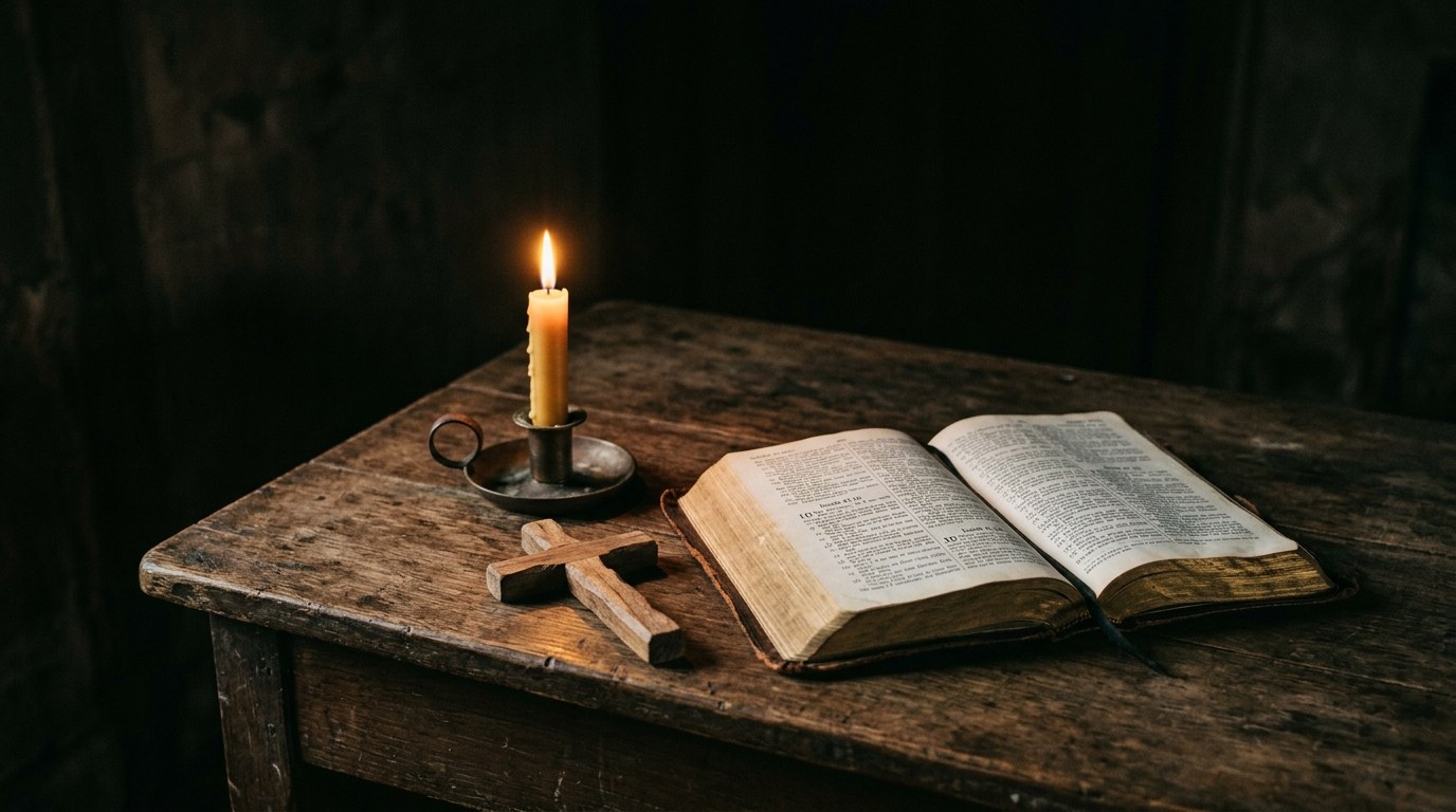 A lit candle and small wooden cross beside an open Bible, symbolizing mourning and prayer