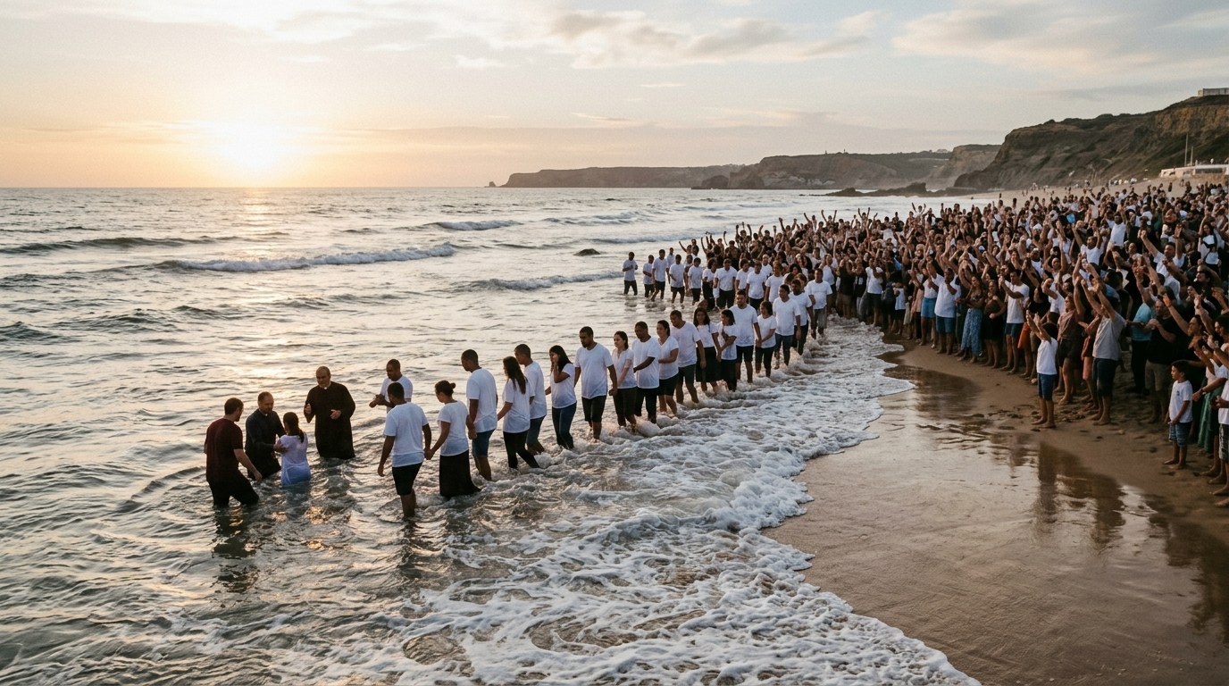 Crowd gathered on an ocean beach at sunset as a long line of people wade into the water for a mass baptism
