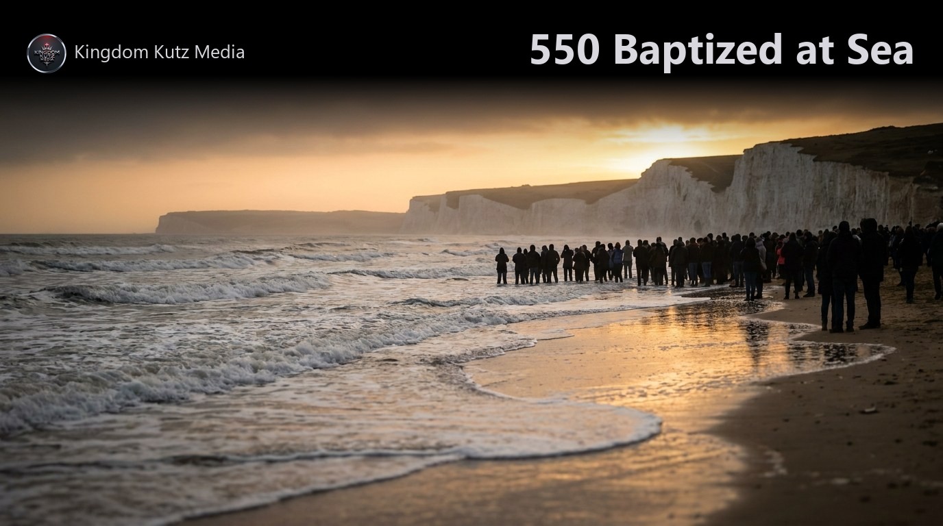 Cold grey North Sea waves breaking on a long sandy beach at sunrise, a crowd silhouetted at the water's edge