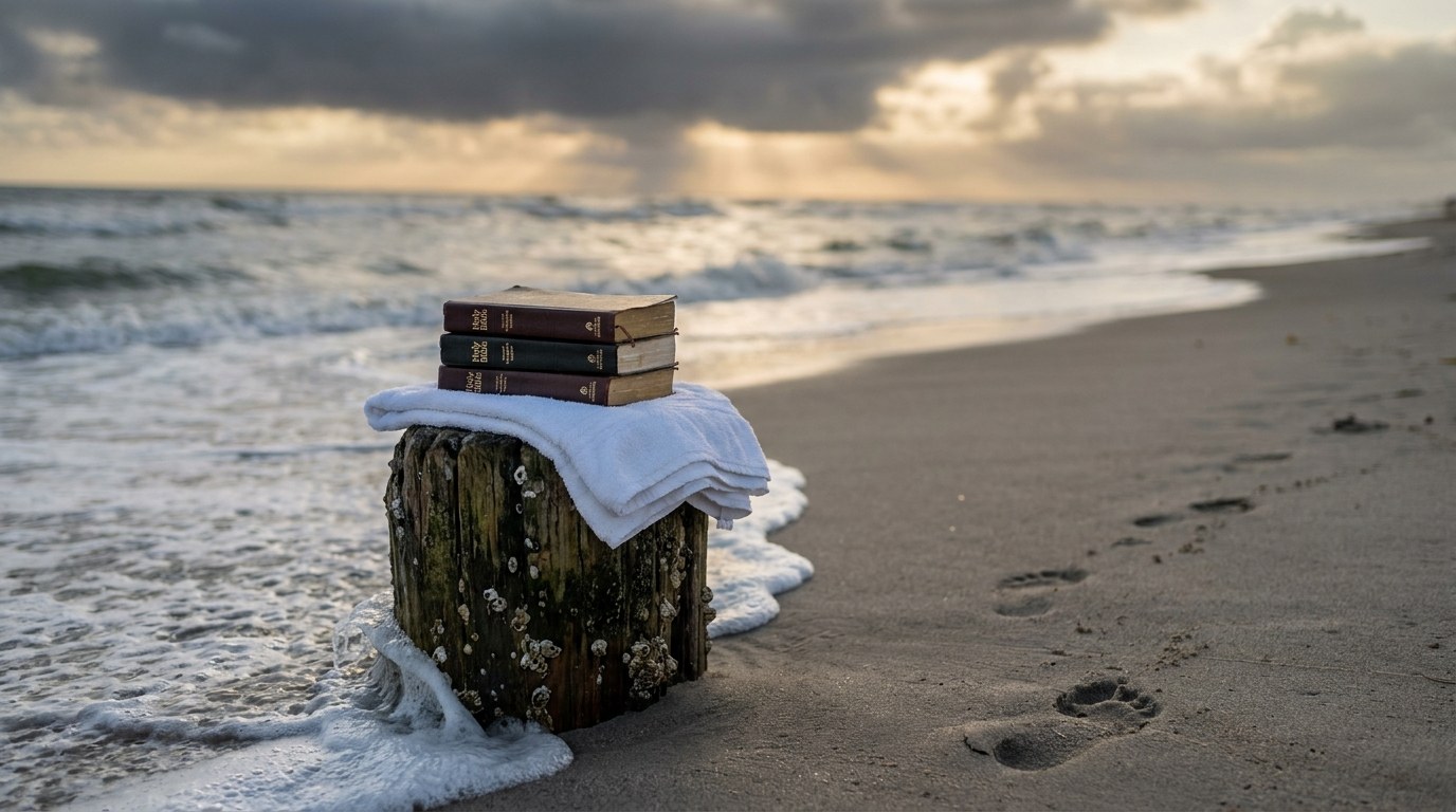New Bibles and a folded white towel on a wooden post at the shoreline in early morning light