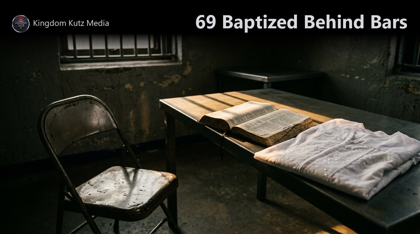 An open Bible and a folded white baptismal robe lit by sunlight through a barred jail window