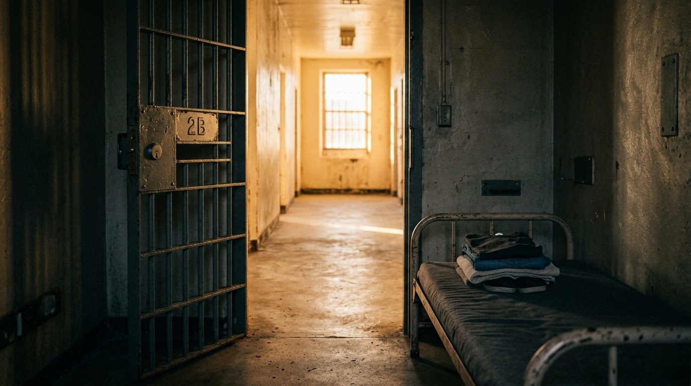 An open jail cell door with sunrise light pouring in from the corridor