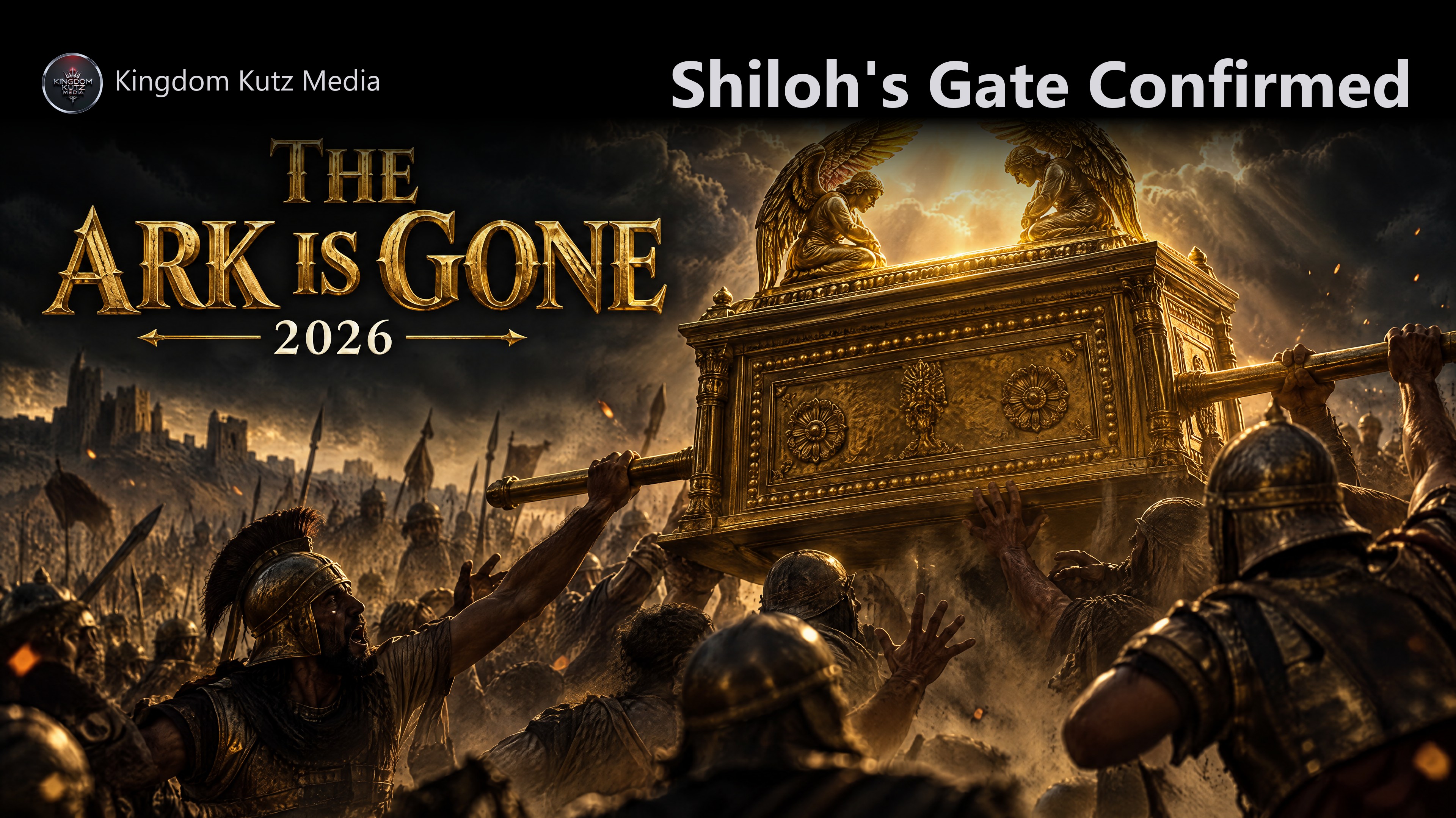 The Ark of the Covenant carried by soldiers into battle, gold cherubim on the lid, storm light breaking through clouds, THE ARK IS GONE 2026 title card