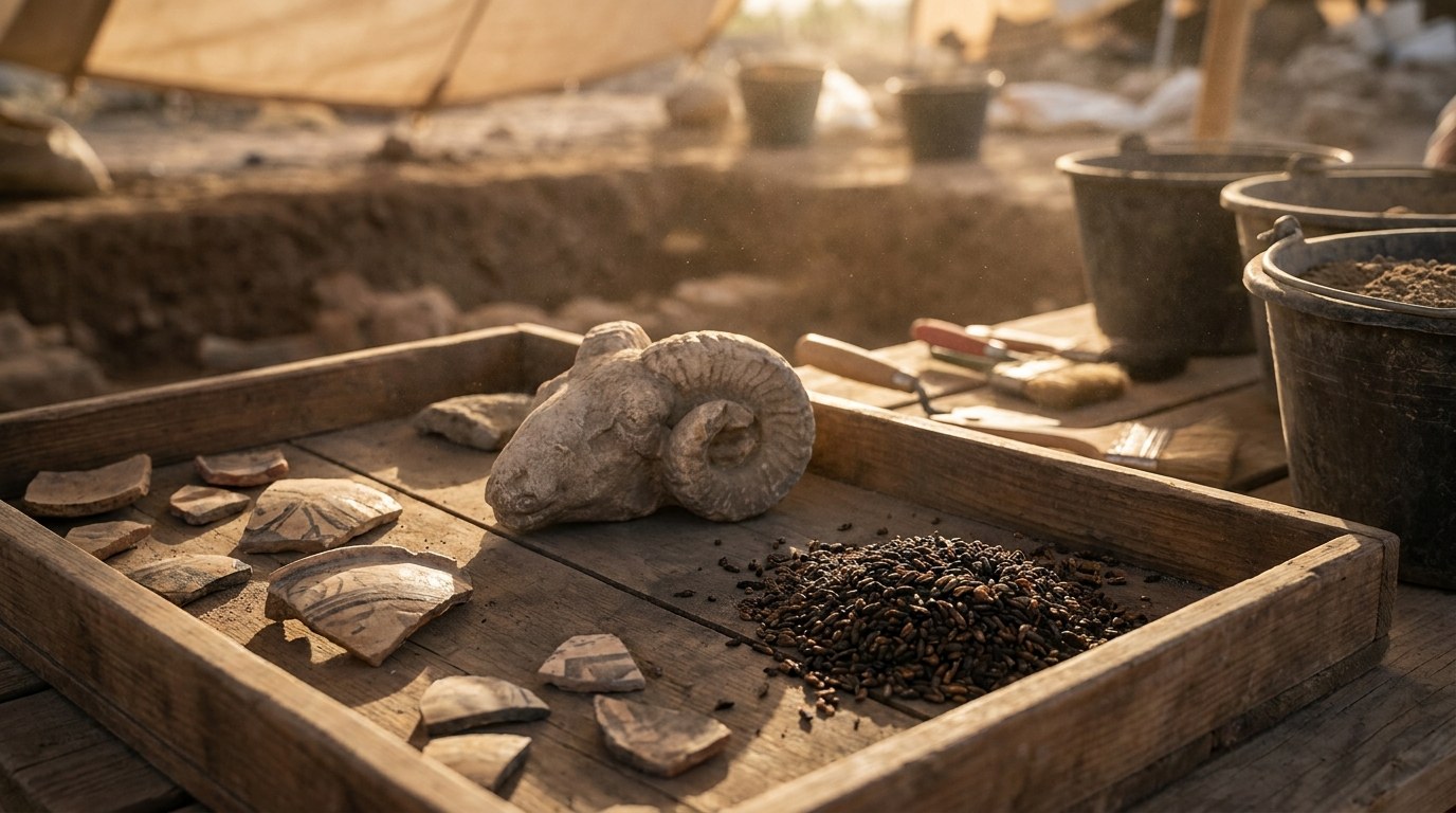 Ancient pottery shards and a carved altar horn fragment from a biblical-era excavation