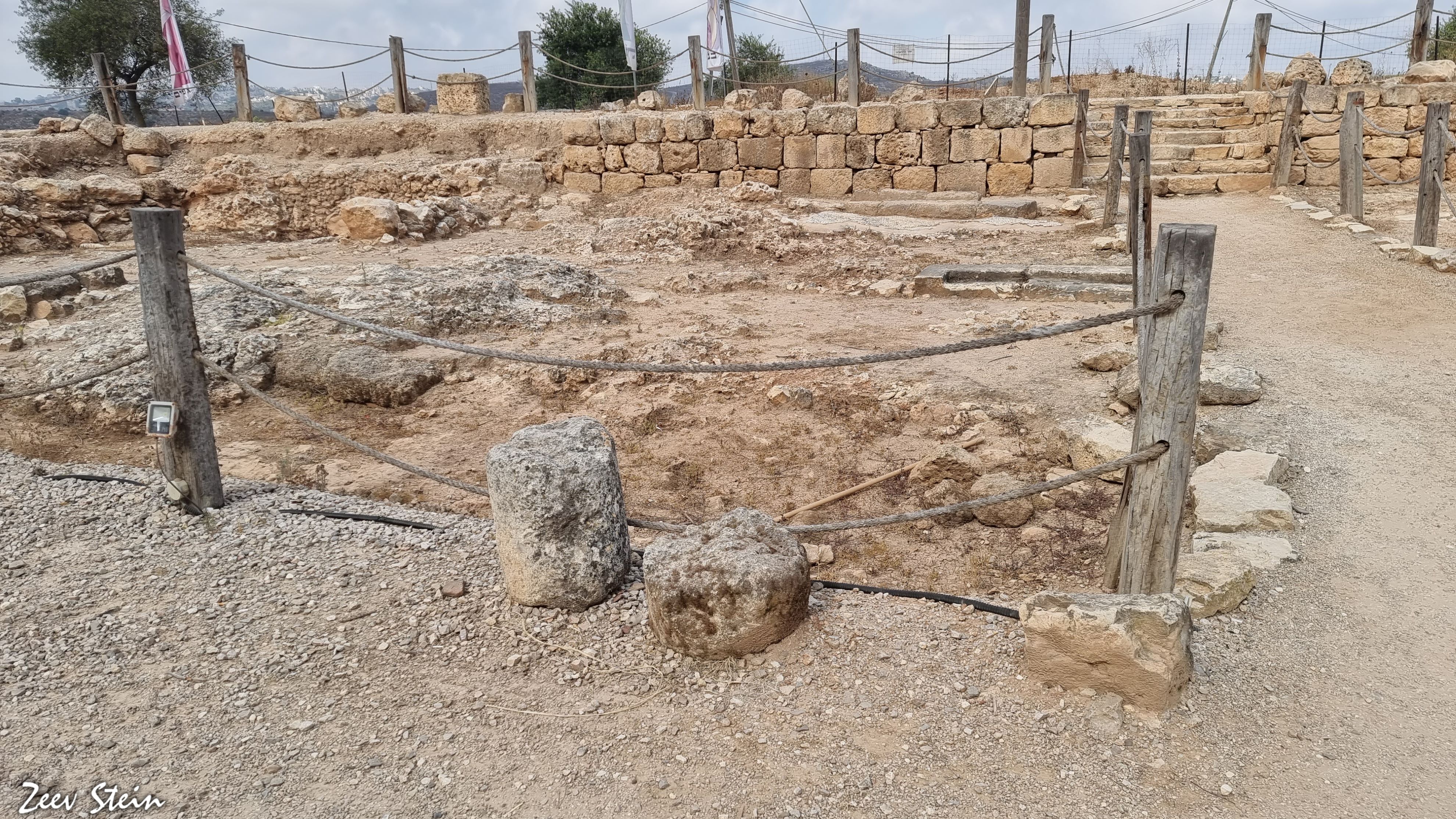 Close view of excavated stone walls and foundations at the Tel Shiloh dig site