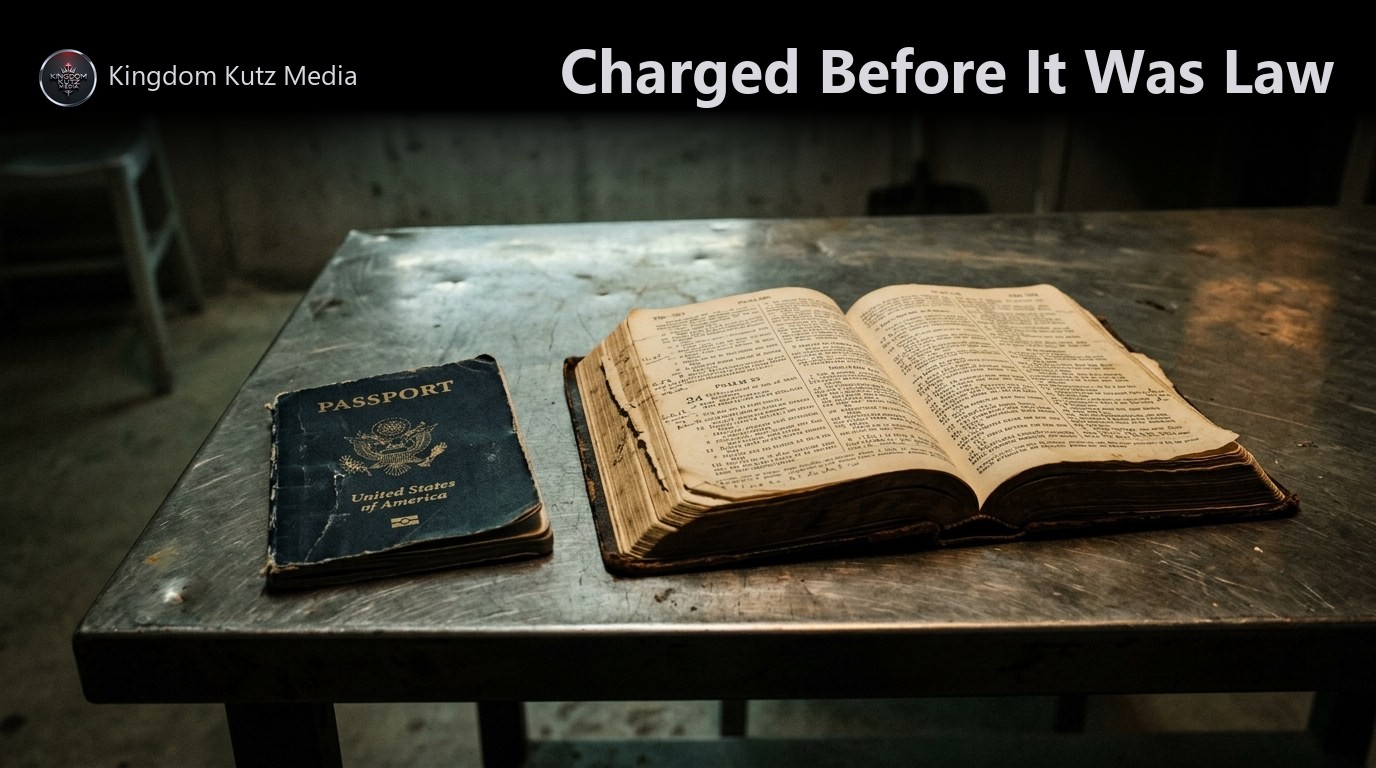 A worn passport and an open Bible resting together on a metal table under harsh institutional light