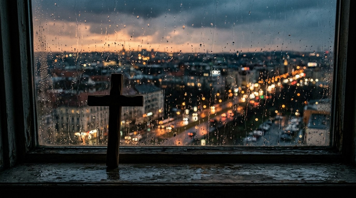 A small wooden cross silhouetted on a rain streaked windowsill overlooking a distant city at dusk