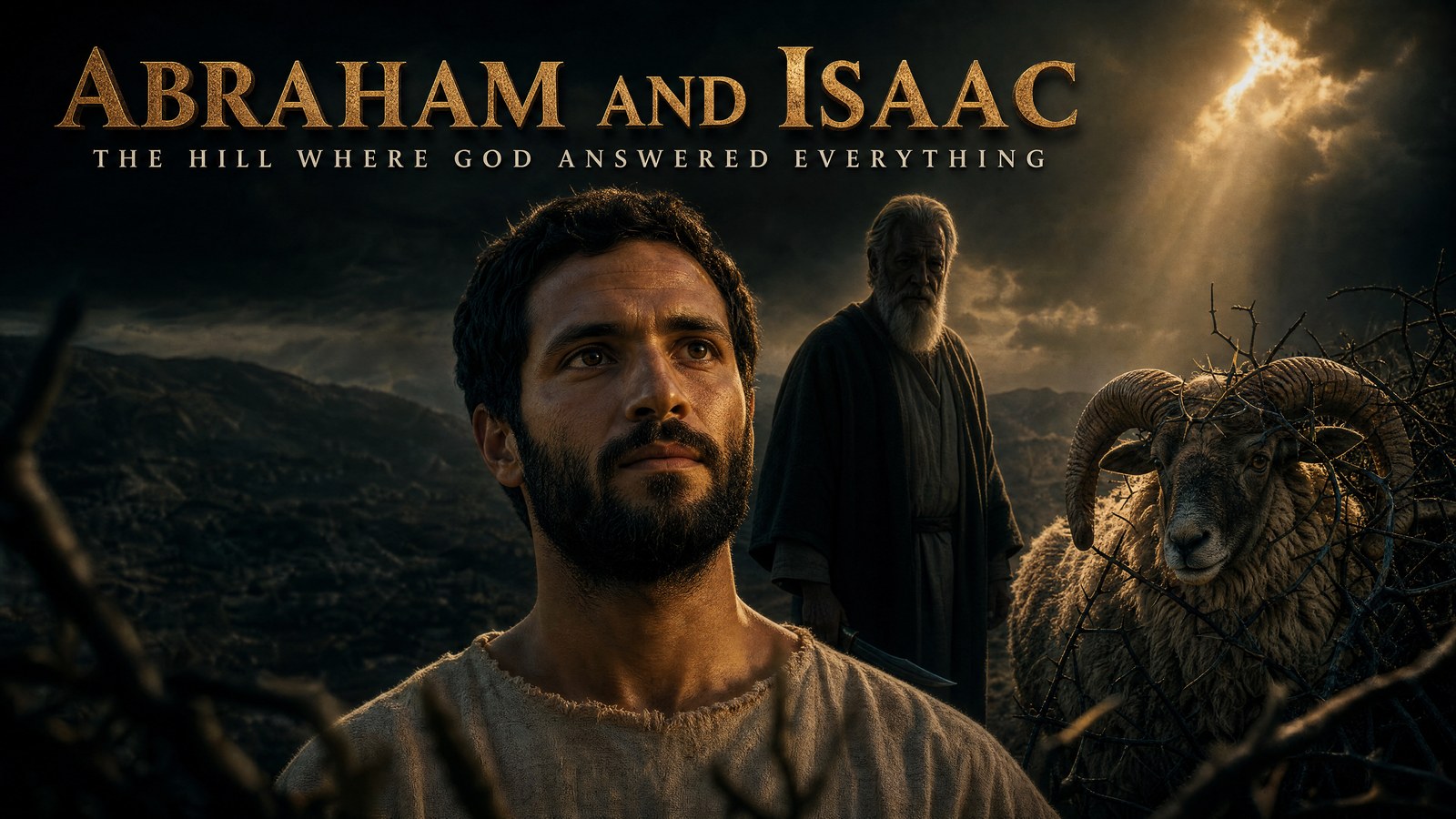 Cinematic film poster for Abraham and Isaac: The Hill Where God Answered Everything, showing Isaac in the foreground, Abraham holding a knife in the background, and a ram caught in a thicket of thorns under a break of light in dark clouds
