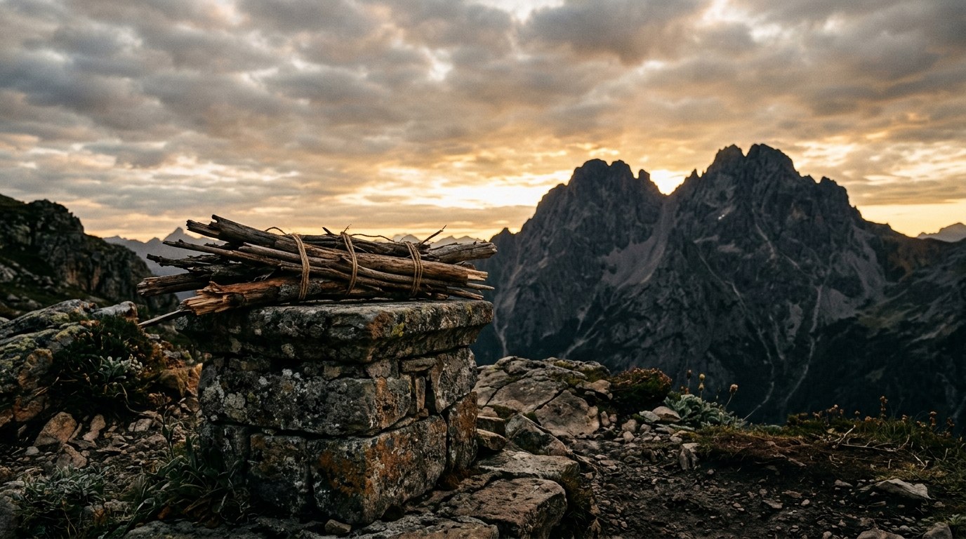 Two mountain silhouettes merging into one against a dawn sky, an ancient stone altar with wood laid across it in the foreground, no people visible