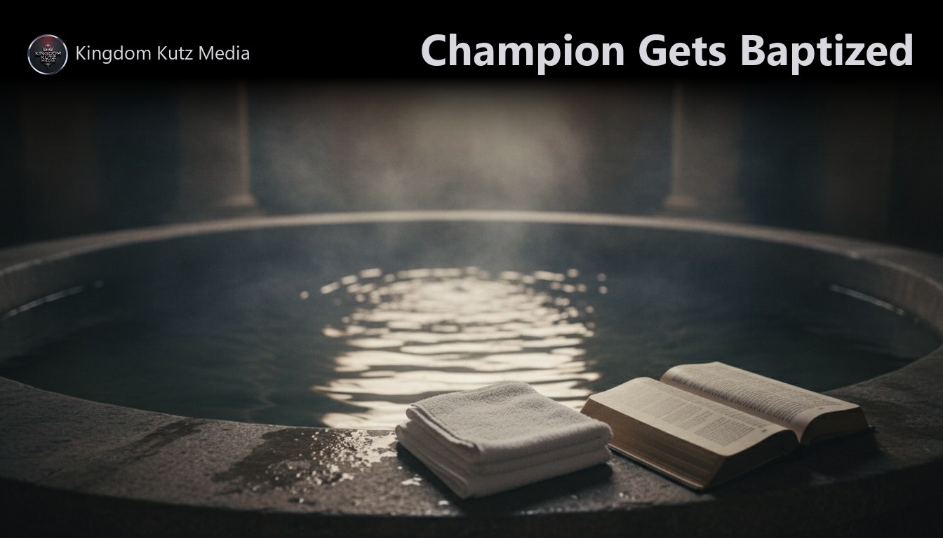 Baptismal water rippling under soft light with a folded towel and open Bible resting at the edge