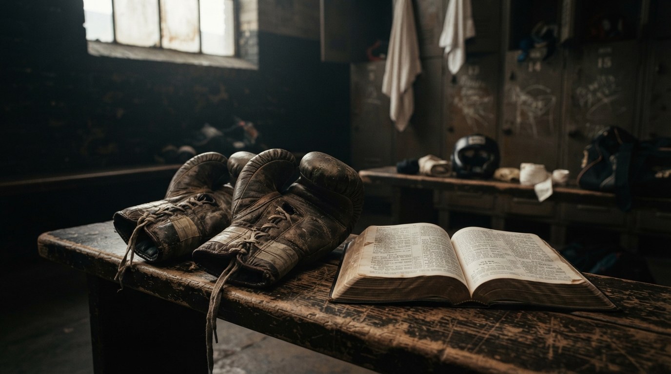 Worn boxing gloves resting beside an open Bible on a wooden bench in a quiet locker room