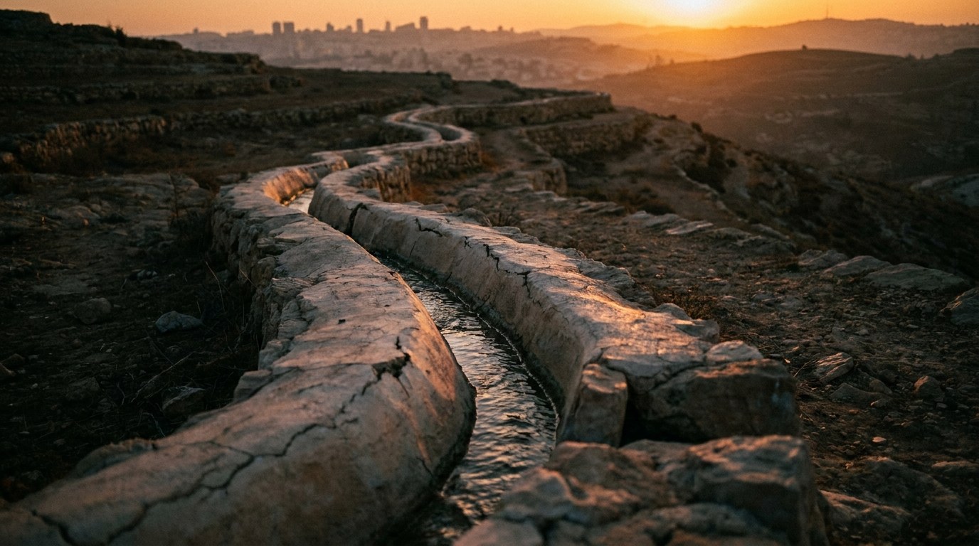 An ancient plaster-lined stone water channel winding across Judean hills at sunrise toward a distant city