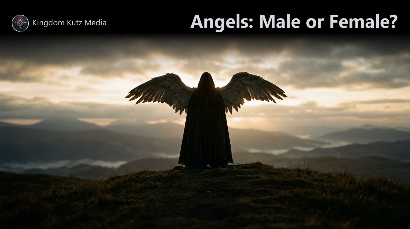 Silhouette of a robed angelic figure with outstretched wings standing in soft golden light against a dark sky