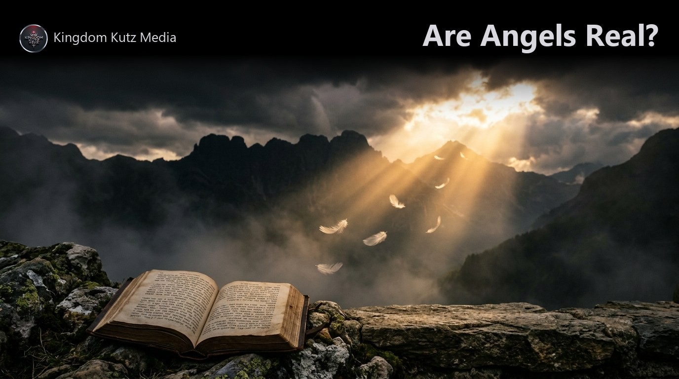 A beam of golden light breaking through storm clouds over a misty mountain with an open Bible resting on a stone ledge