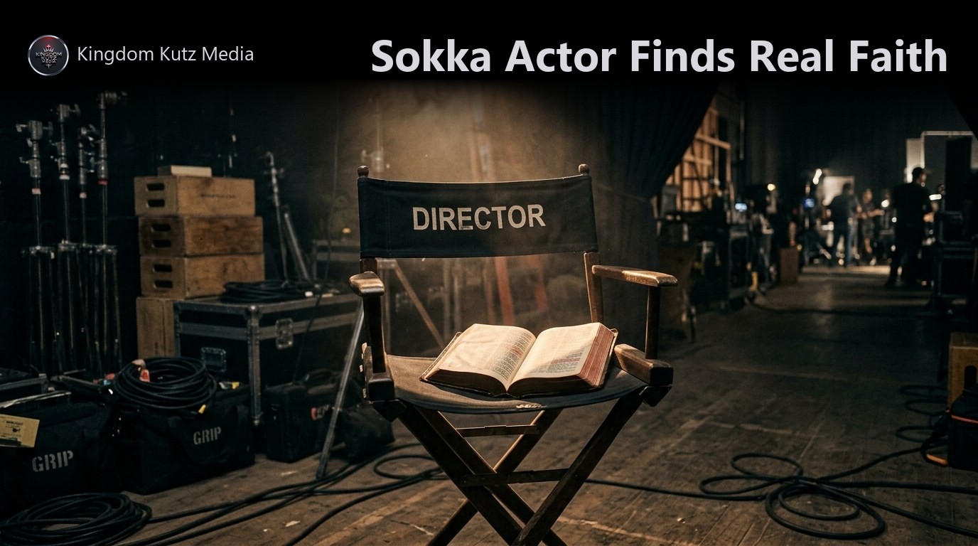 An open Bible resting on an empty director's chair backstage, lit by a warm spotlight beam