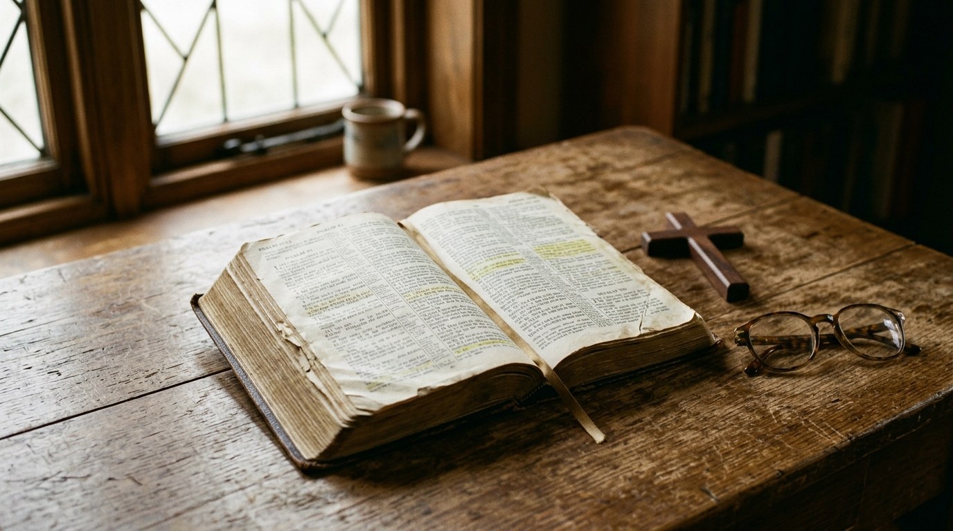 An open Bible, a small wooden cross, and reading glasses on a desk in soft morning light
