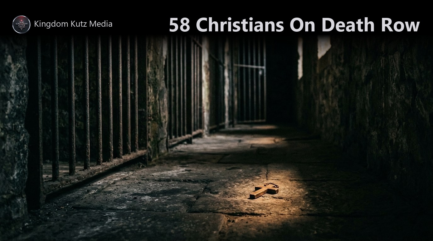 A dim prison corridor with barred shadows falling across a stone floor and a single small cross resting in a shaft of light