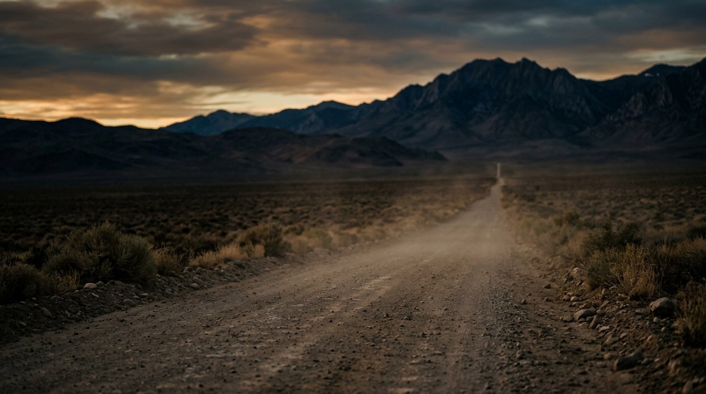 An empty desert road at dawn leading toward distant mountains, symbolizing the long journey migrants make searching for safety and work