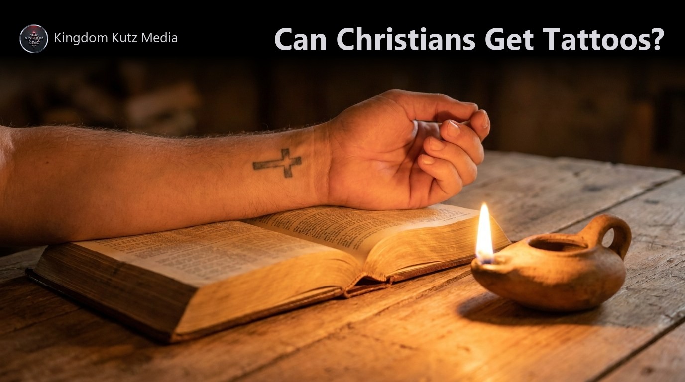 A forearm with a small cross tattoo on the inner wrist resting on an open Bible beside a glowing oil lamp