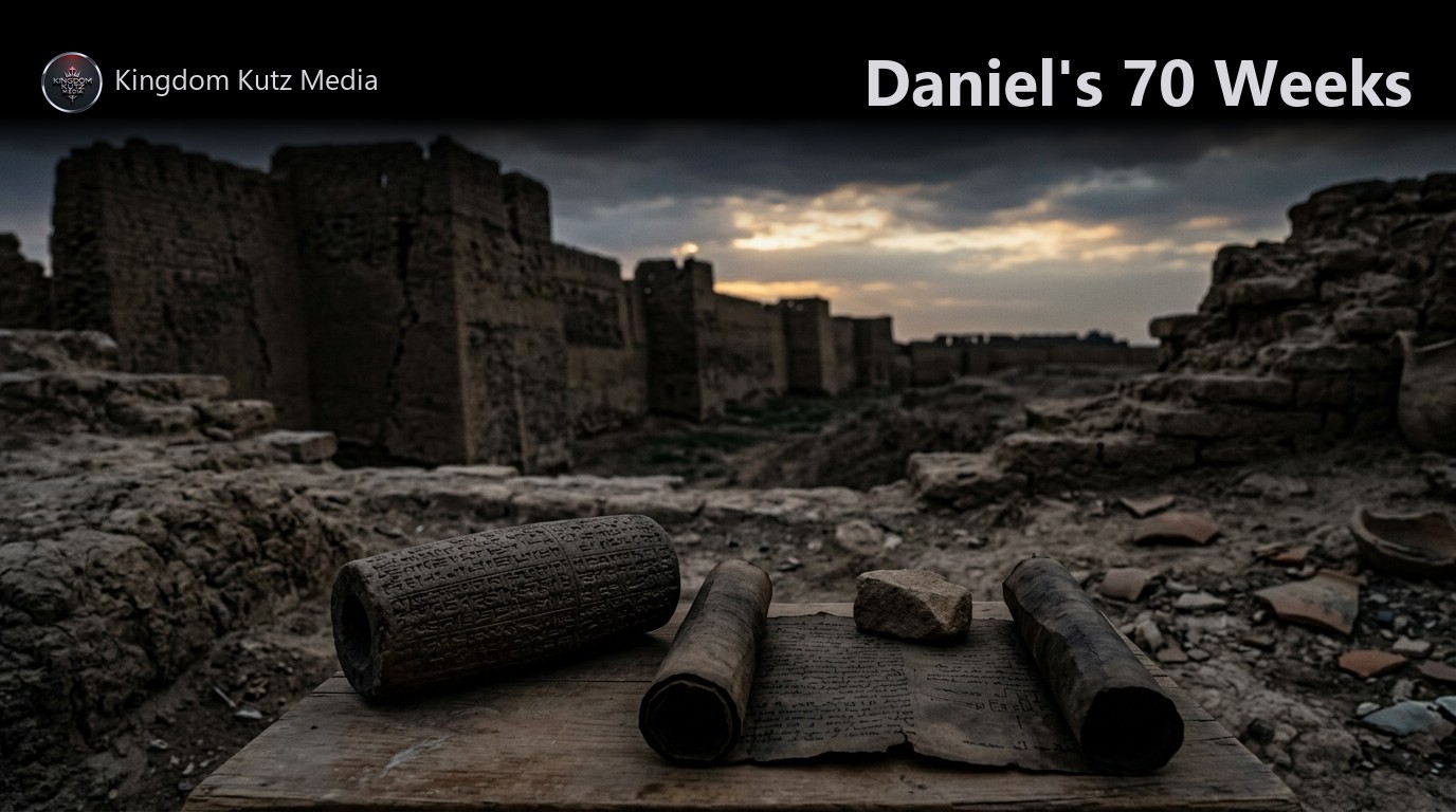 Ancient stone city ruins at dusk with a clay cuneiform cylinder and an open scroll in the foreground