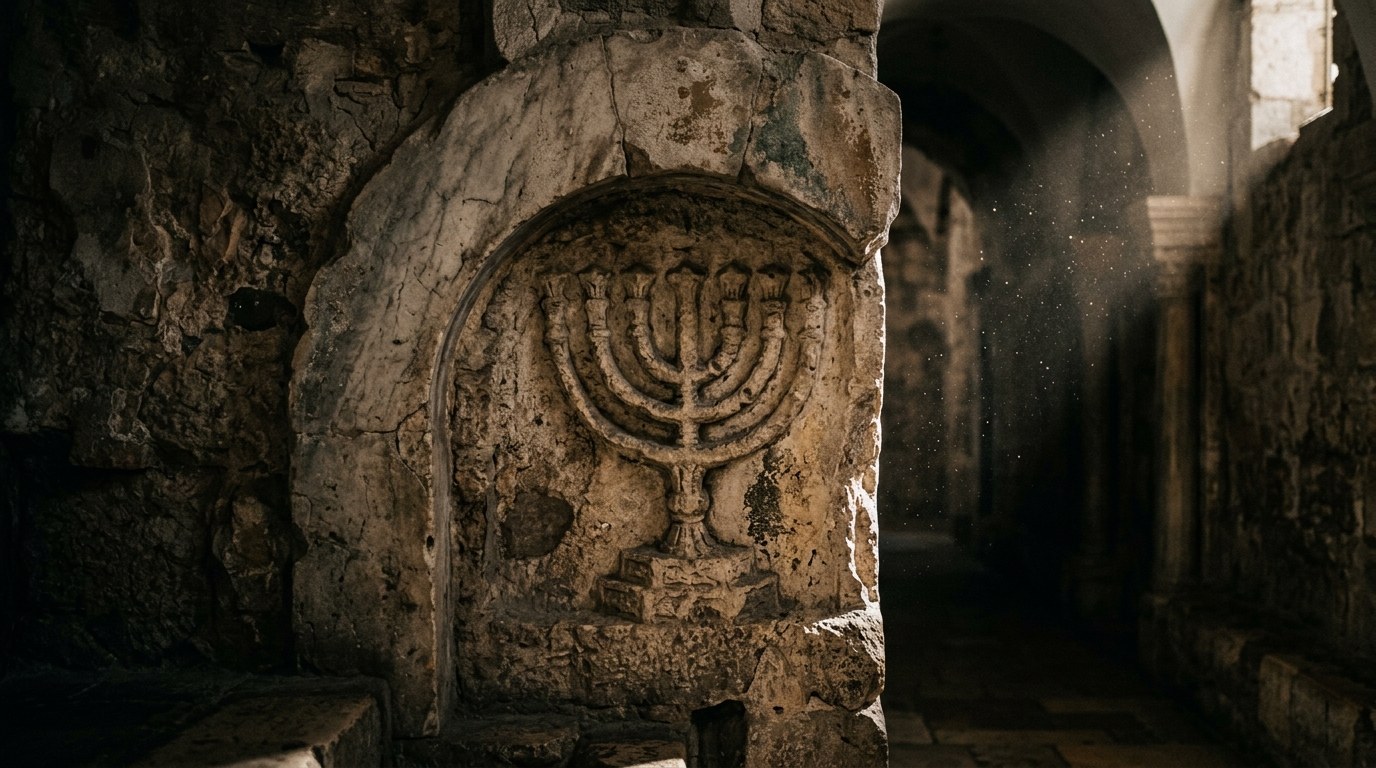 A weathered stone relief of a menorah carved into an ancient marble archway lit by a shaft of light