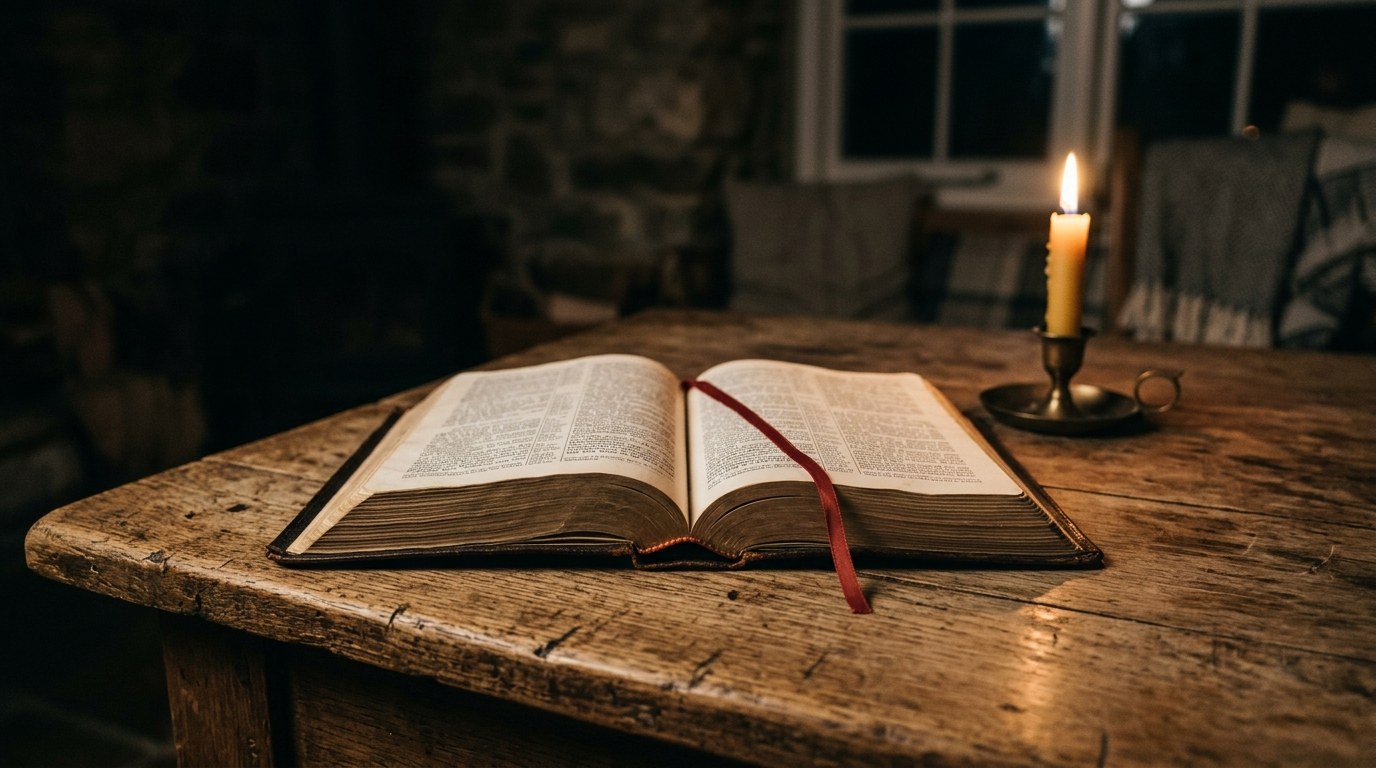 Warm candlelight glowing over an open Bible resting on a rustic wooden table in a quiet home
