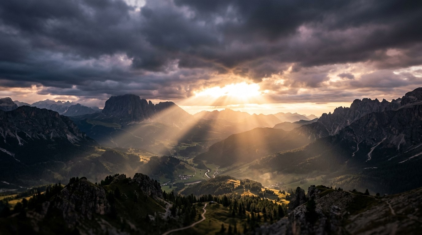 Sunrise breaking through clouds over a quiet mountain landscape, symbolic of creation testifying to a Creator