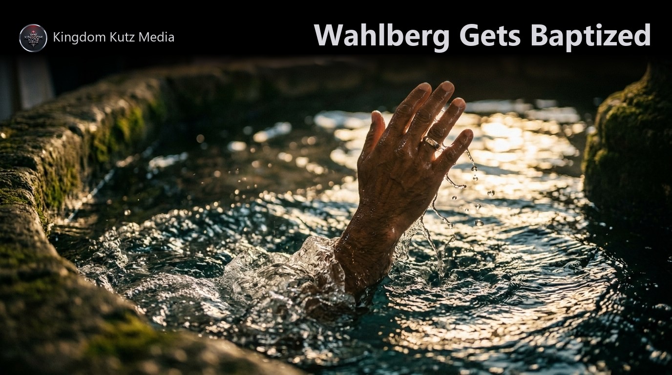 Close-up of a hand breaking the surface of clear baptismal water in warm golden light