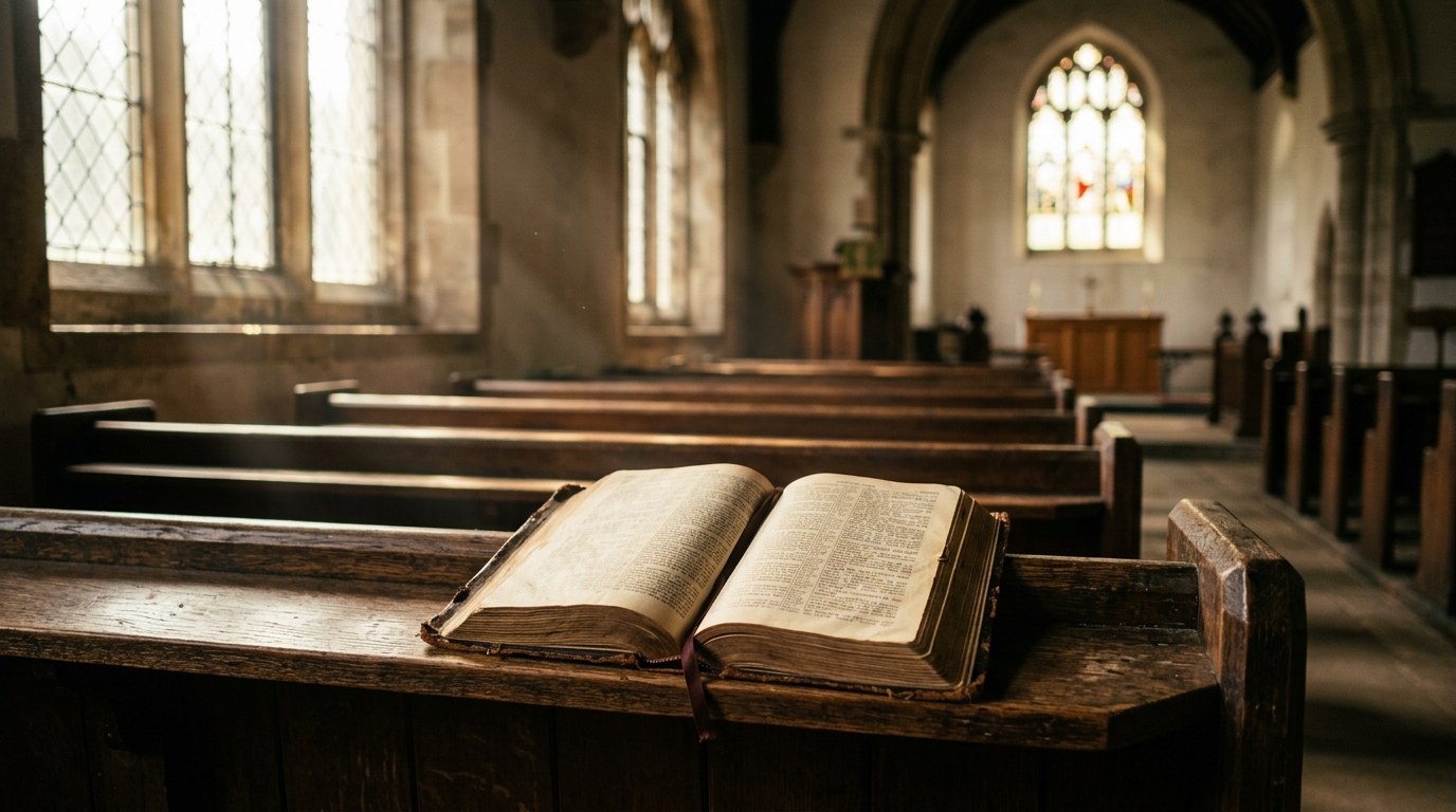 An open Bible resting on a wooden pew inside a sunlit church sanctuary
