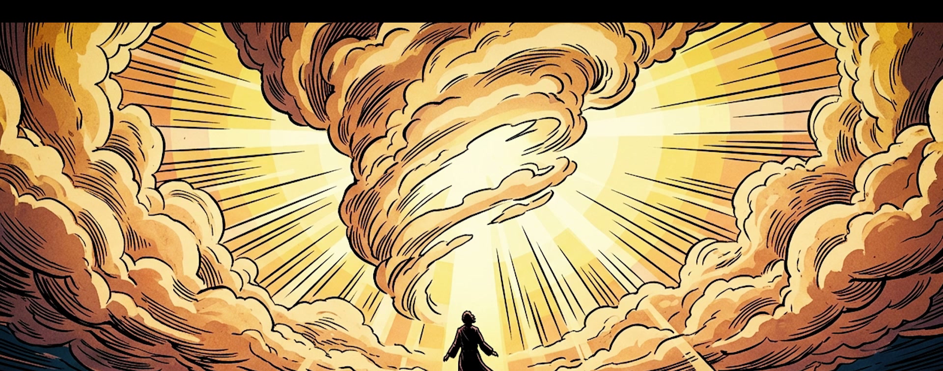 A lone figure standing on a mountain summit engulfed in radiant light breaking through storm clouds