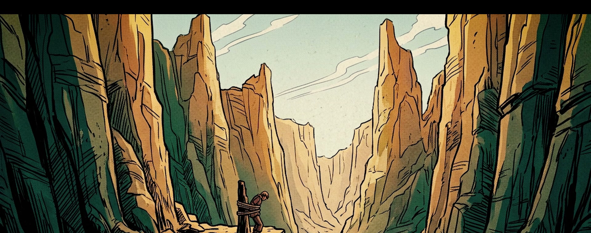 A figure bound to a wooden stake in a narrow desert canyon, held for a judgment still to come