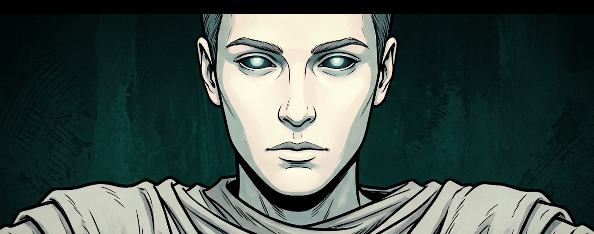 A pale, ageless Watcher with faintly glowing eyes, expression still and unreadable