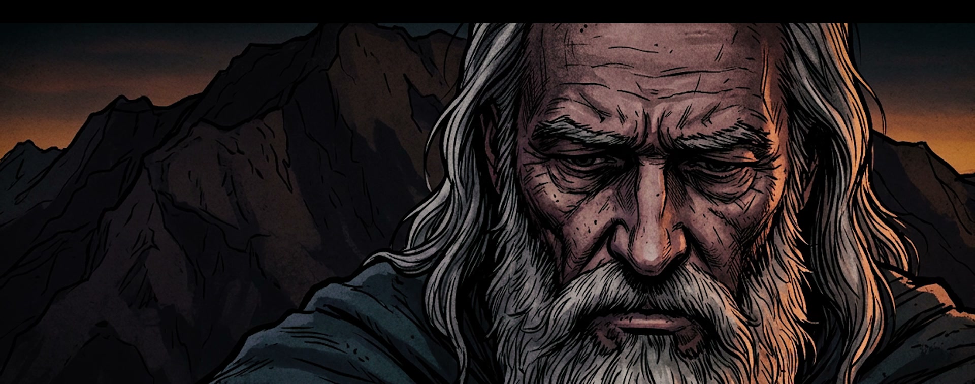 An elderly, weathered man with a long grey beard, gazing out toward Mount Hermon at dusk