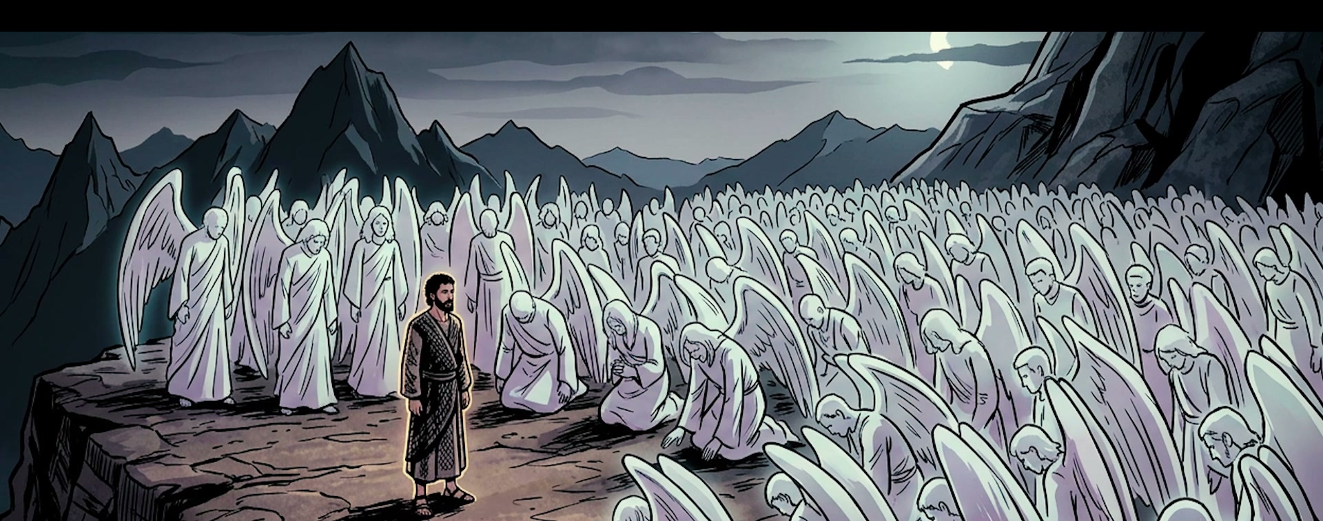 Enoch standing before a vast host of angelic Watchers kneeling before him on a mountain cliff at night