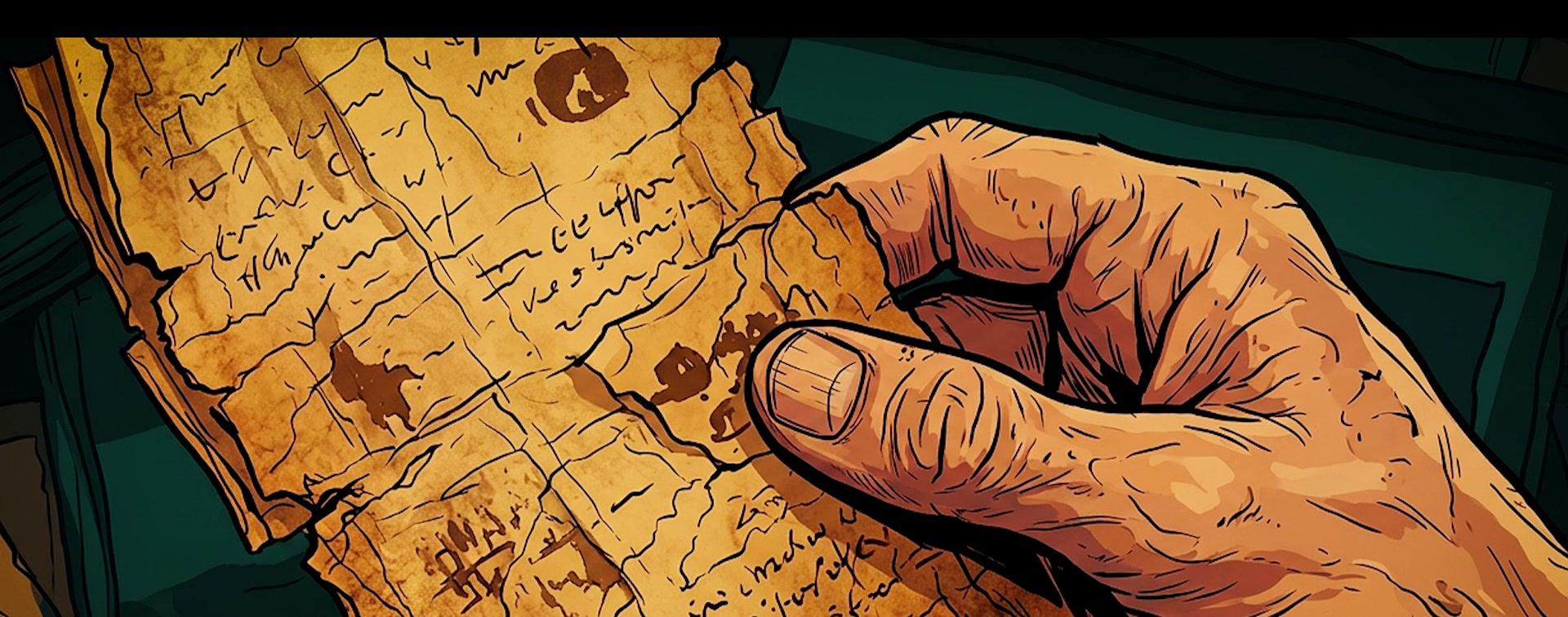 A weathered hand resting on an ancient torn parchment scroll covered in faint handwritten script