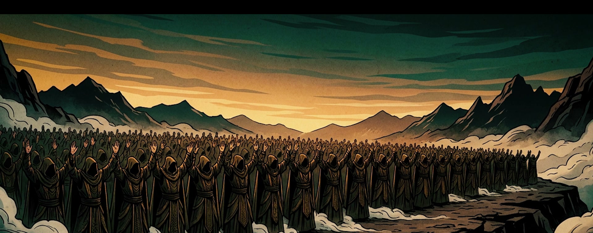A vast host of two hundred robed Watchers standing in rows along a mountain ridge, hands raised together in a shared oath
