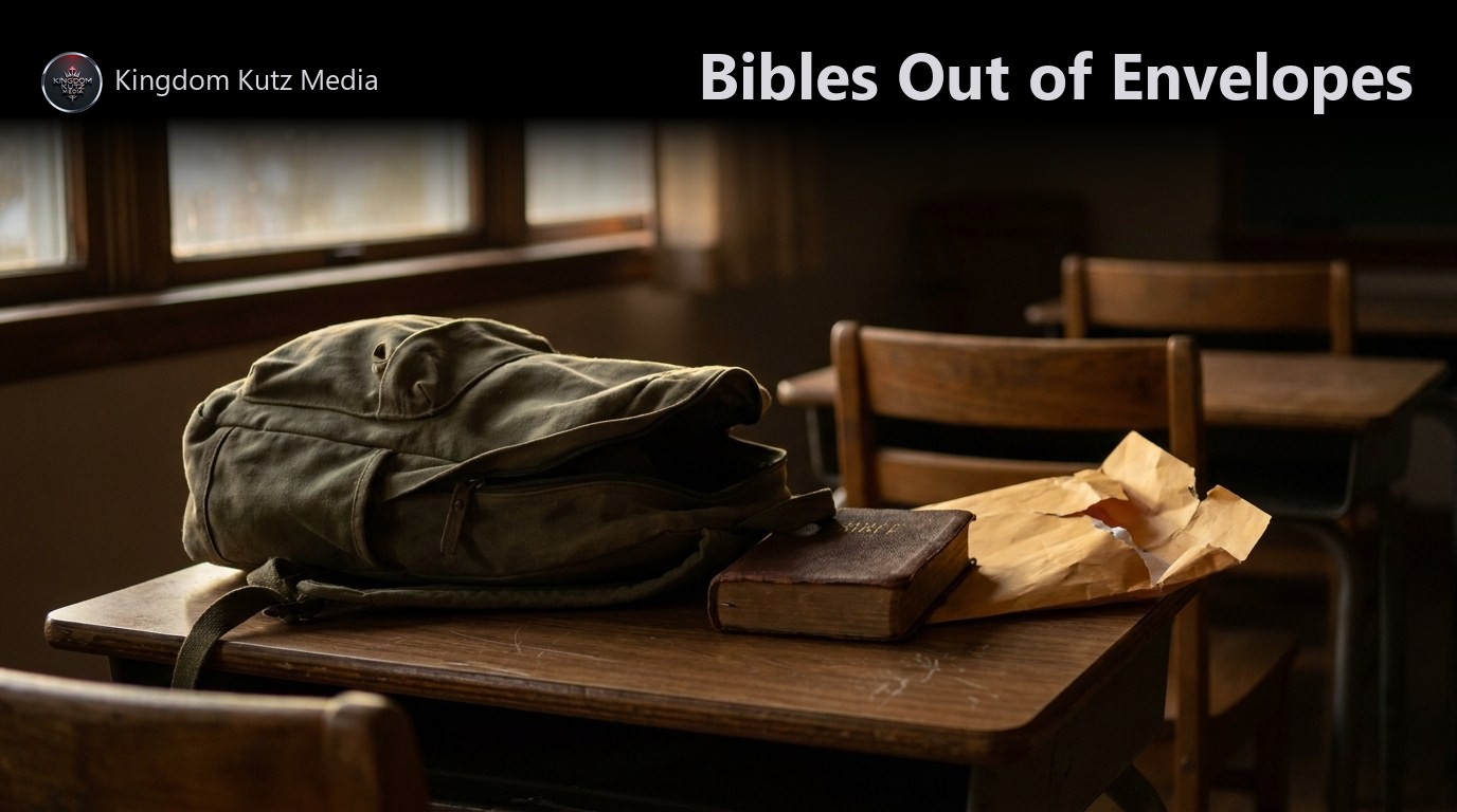A child's open backpack on a school desk with a worn Bible and a torn manila envelope beside it in warm window light