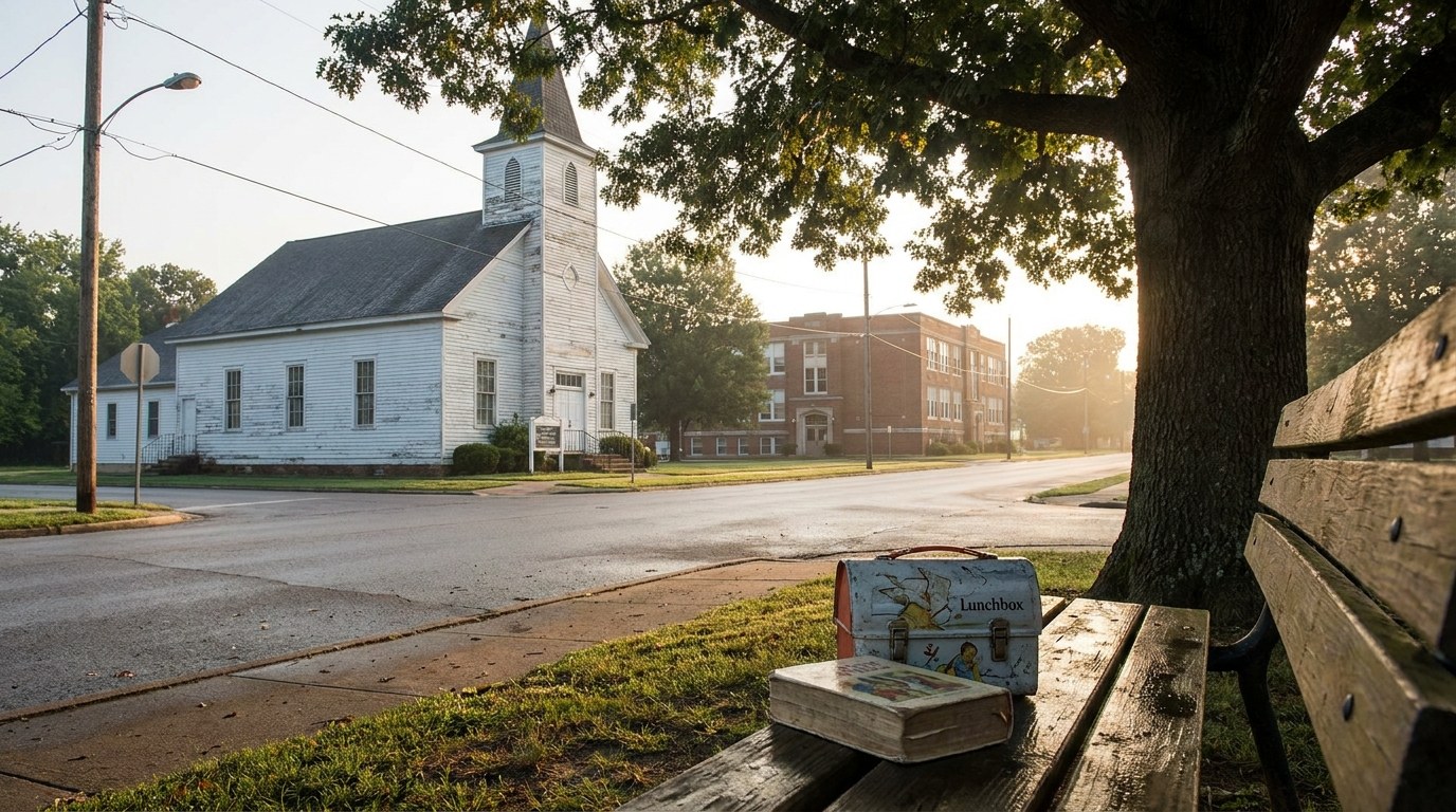 A children's Bible and lunchbox on a bench with a small church and a brick school in the background