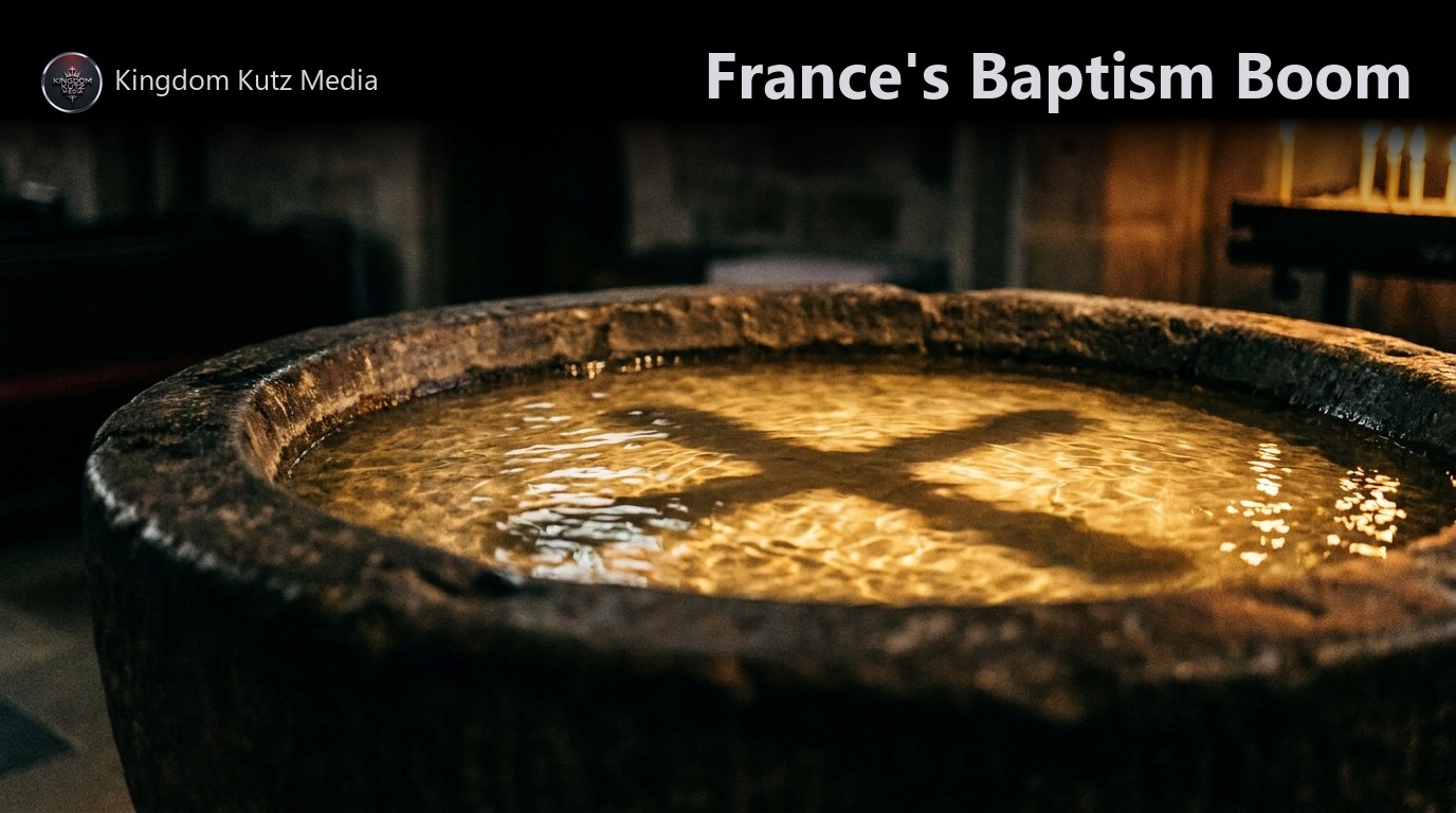 Candlelight catching the rippling water of a stone baptismal font, a soft cross shaped shadow across the surface