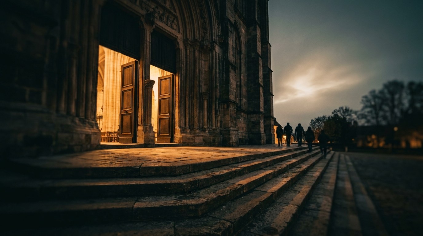 Warm light spilling from the open doors of a European cathedral at dusk, silhouettes of people walking toward the entrance