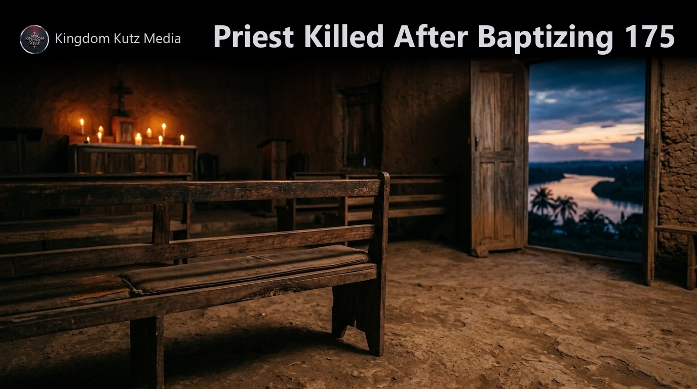 Empty wooden pew in a dim African chapel with candlelight and a river visible through an open door at dusk