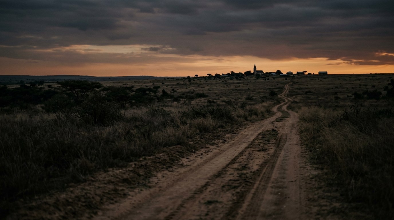 A dirt highway at dusk through savanna grassland with a distant village and church steeple silhouette