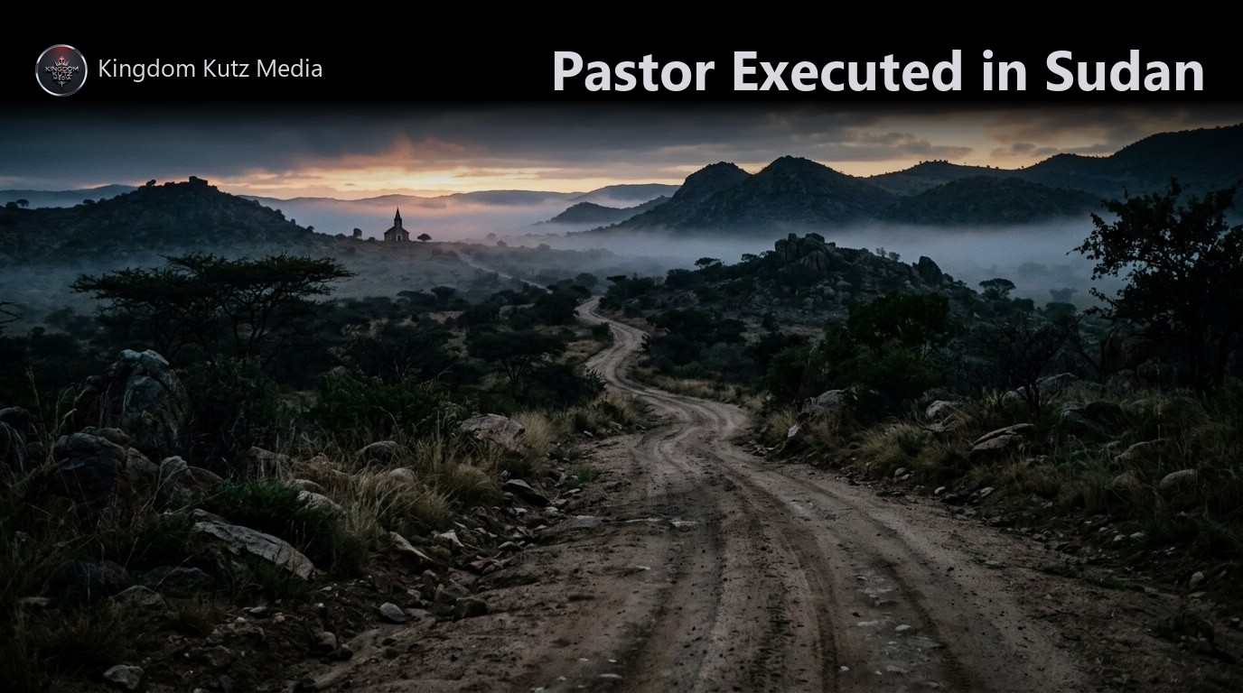 Empty dirt road winding through rocky Nuba Mountains hills at dawn with a distant church silhouette