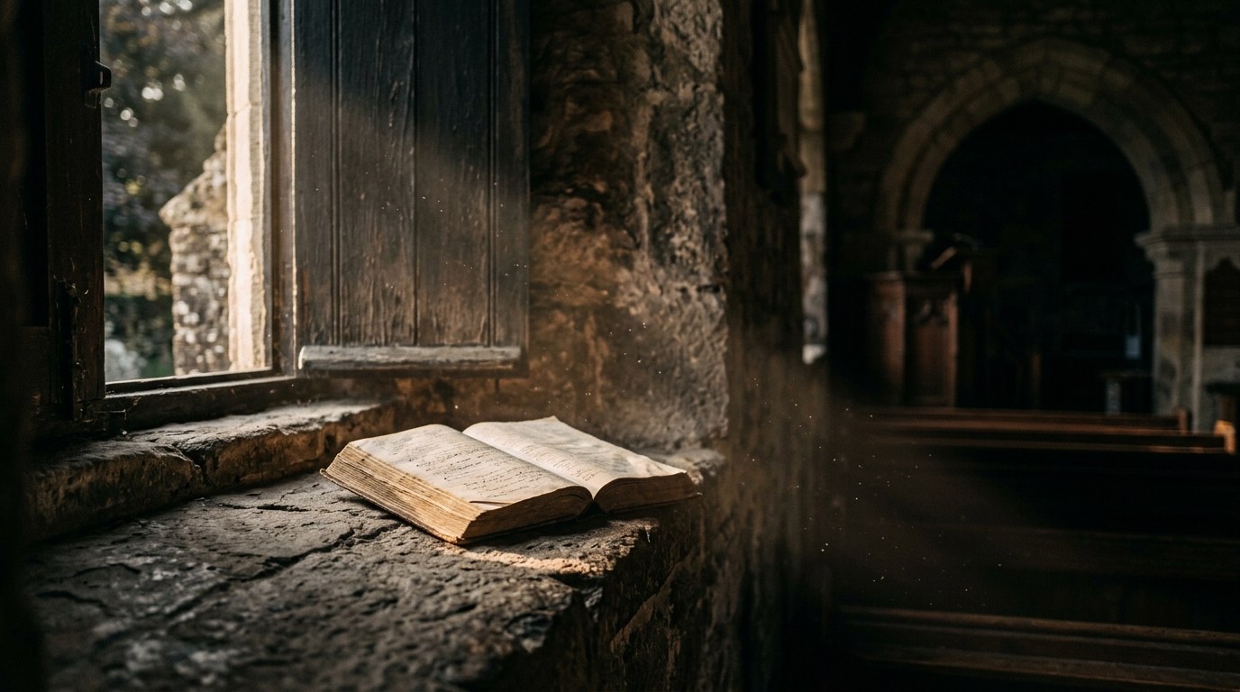 Open Bible on a stone church windowsill with morning light streaming through a cracked wooden shutter