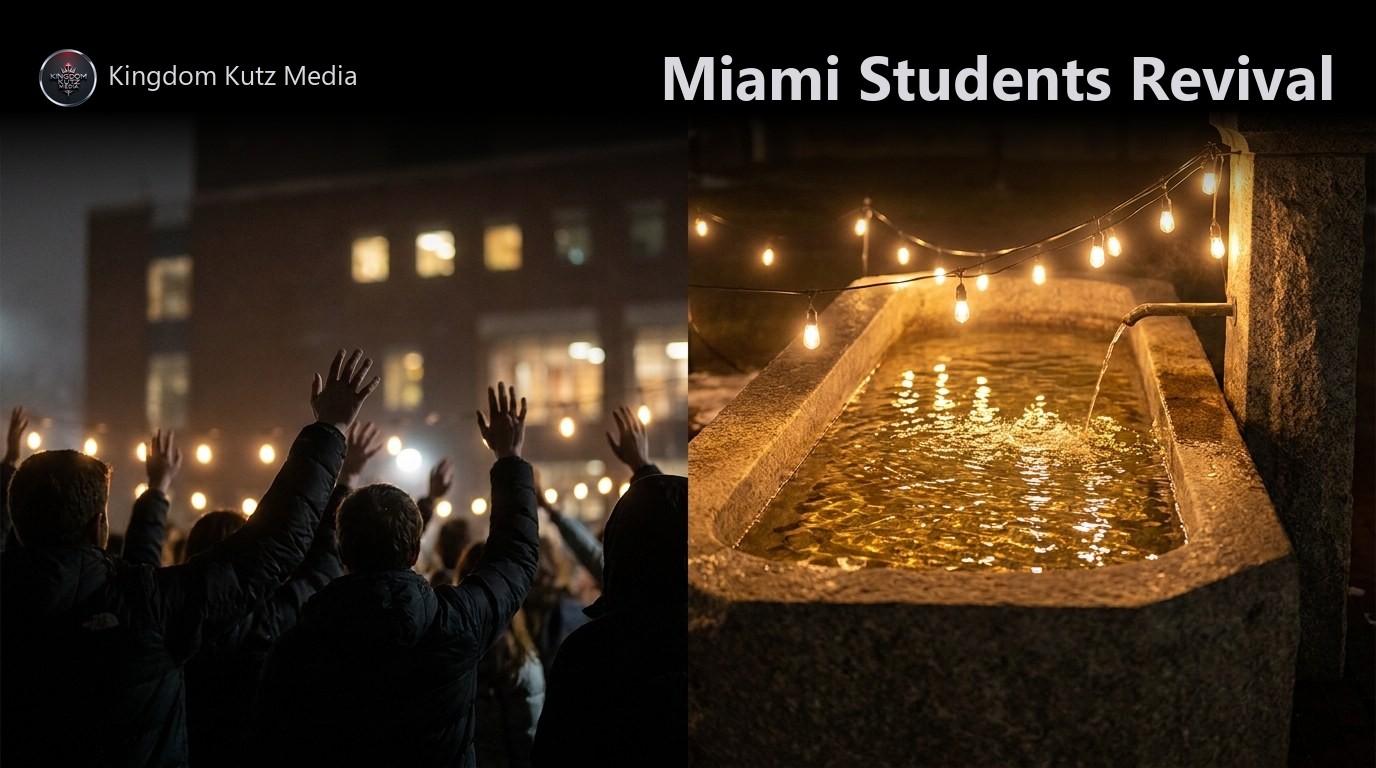 A glowing baptism trough at night outside a large arena, with a crowd of silhouetted students gathered around it.