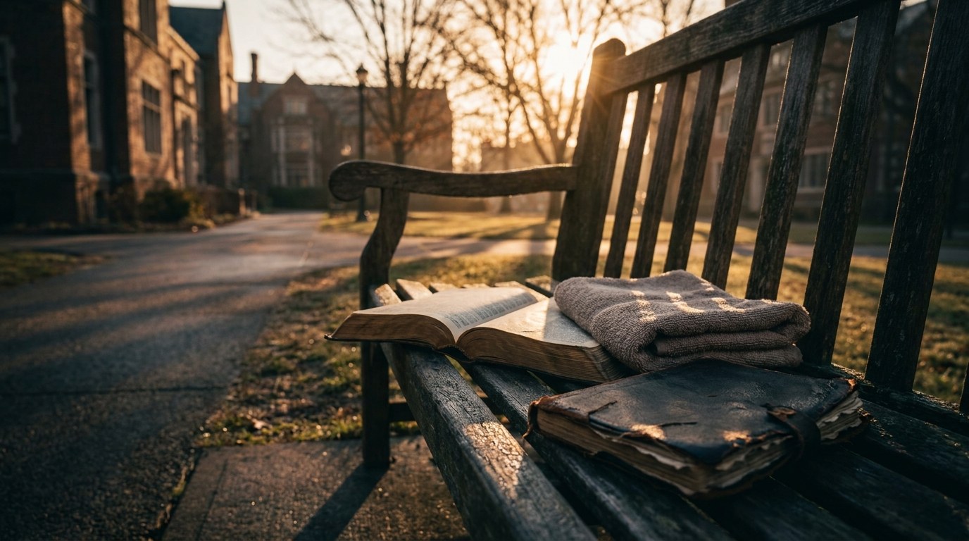 An open Bible and notebook on a campus bench at sunrise, symbolizing the follow-up discipleship after a revival night.