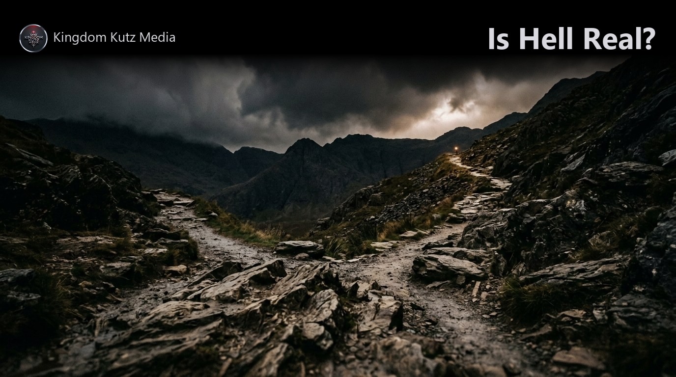 Dark storm clouds parting over a narrow rocky path with a single distant light, symbolic photojournalistic style